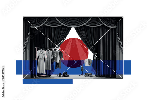 Black and white traditional theater stage with velvet curtains parted open, realistic costumes hanging on a rack and props placed near footlights, bold deep