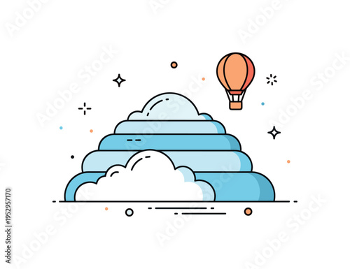 Soft clouds and hot air balloon featuring a small rounded balloon floating calmly above layered clouds, symbolizing freedom and slow upward movement. The scene