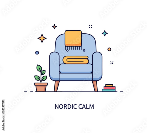 Interior Scandinavian style concept featuring a clean armchair with a folded blanket and a tiny potted plant beside it, representing simplicity and natural