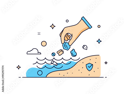 Beach and shoreline cleanup scene illustrated through a gloved hand picking up small litter items near stylized water waves, symbolizing volunteer action and