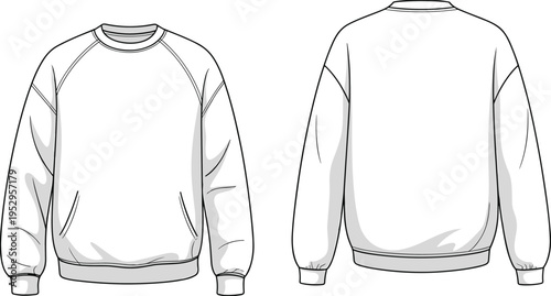 Detailed technical fashion of a white raglan sleeve crewneck sweatshirt with front pockets shown from front and back views