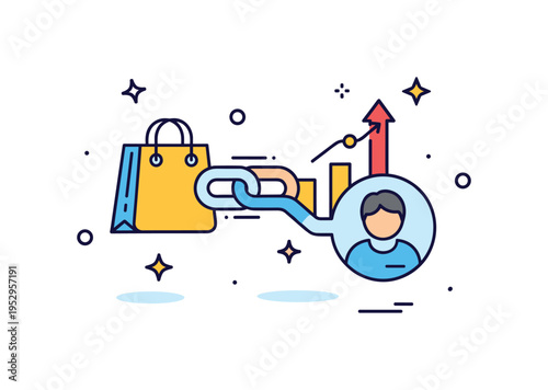 Affiliate marketing partnership illustrated with a chain link icon connecting a shopping bag and a profile avatar, symbolizing commission based collaboration