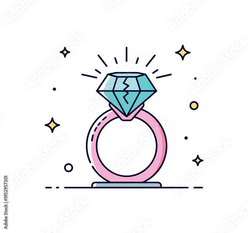 Cursed gemstone ring resting on a simple stand with a faint crack in the gem and small radiating warning lines. The illustration conveys beauty intertwined