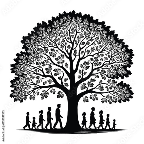 Family walking under a large detailed tree silhouette