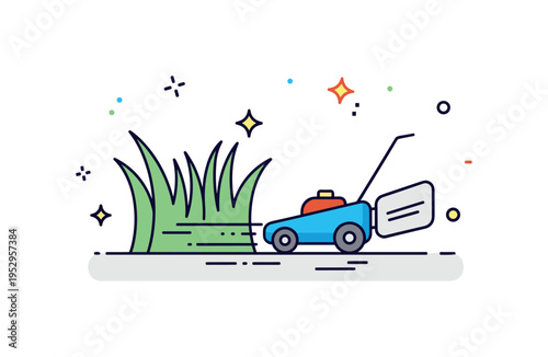 Lawn mowing service concept illustrated through a stylized grass patch with clean cut lines and a minimal mower silhouette, expressing professional yard