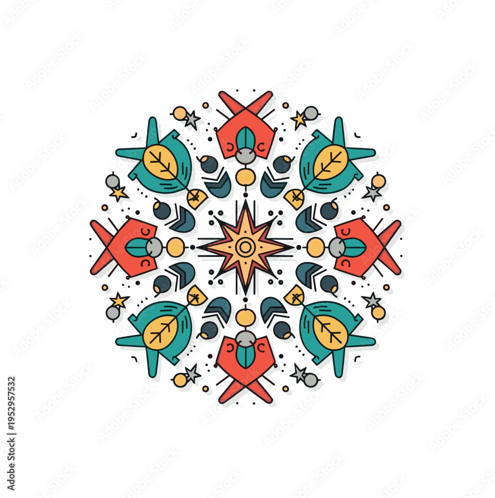 Obraz premium Folk art pattern concept with symmetrical ornamental shapes arranged in a circular composition symbolizing craftsmanship, identity, and ancestral creativity.