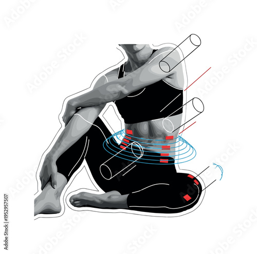 A monochrome athlete seated in a spinal twist stretch, torso sharply defined in black and white, concentric thin blue circles around the waist symbolizing