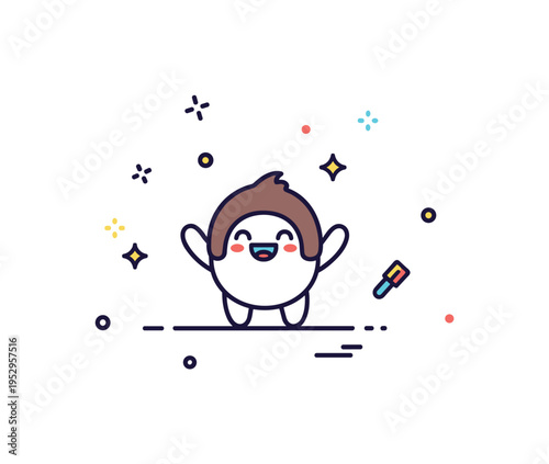 Cheburashki cartoon nostalgia concept featuring a small round character waving happily with subtle spark accents around, symbolizing childhood memories and