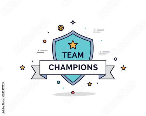 Team champions banner design centered on a shield emblem with a star at the top and a smooth ribbon flowing beneath it. The scene conveys unity, teamwork, and