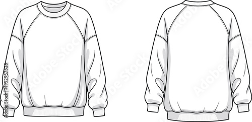 Front and back view of a plain white raglan sleeve sweatshirt with crew neck and ribbed cuffs and hem