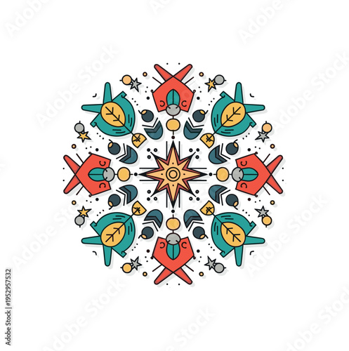 Folk art pattern concept with symmetrical ornamental shapes arranged in a circular composition symbolizing craftsmanship, identity, and ancestral creativity.