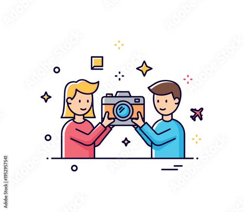 Shared travel memories concept built around a small camera icon held by two figures with tiny star accents around it, symbolizing capturing moments and