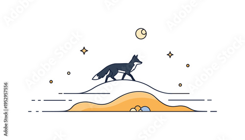 Silent stalkers desert hunter concept showing a fox silhouette stepping lightly across simple sand curves with a small moon above, expressing