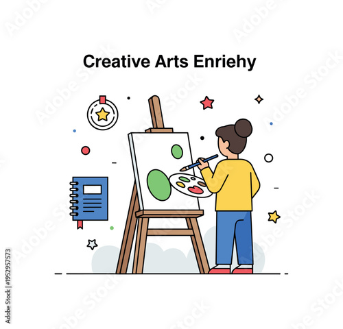 Creative arts enrichment student painting at an easel with a small star badge and notebook nearby, expressing how artistic expression supports focus,