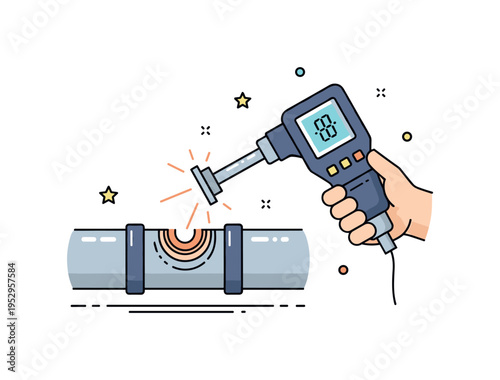 Ultrasonic leak detection device held near a pipe joint symbolizing non invasive inspection and industrial safety. Subtle spark accents reinforce precision and