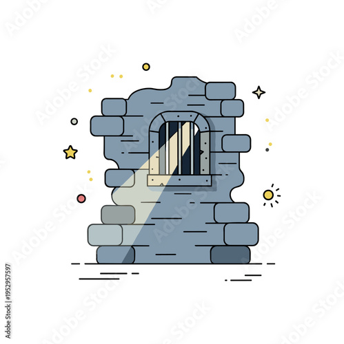 Cartoon dungeon cell scene featuring a small barred window high on a stone wall with subtle light beam entering, symbolizing isolation within fantasy