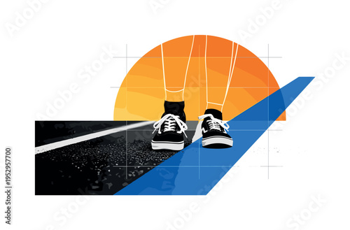 Black and white close-up of shoes stepping on a park path, oversized warm orange semicircle intersecting the upper half like sunset glow, abstract blue