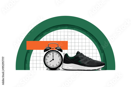 Black and white alarm clock beside running shoes, large deep green semicircle framing both objects, thin black grid lines referencing time management, bright