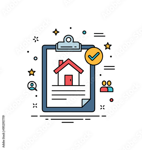 Real estate agent property listing idea featuring a clipboard with a house image and small check mark accent, expressing organized documentation and