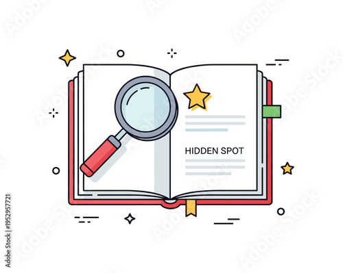 Discovering hidden gems in a guidebook focusing on a magnifying glass over an open page with a highlighted star and subtle note Hidden Spot. The visual