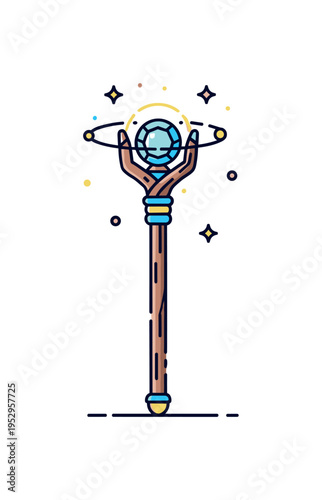 Magical weapons mystic staff theme centered on a tall staff topped with a glowing crystal orb and tiny star accents orbiting it. A symbolic representation of