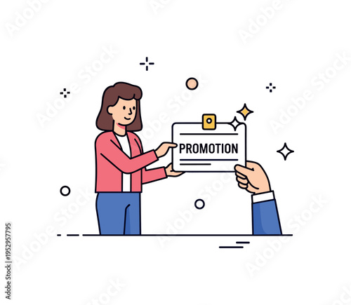 Promotion opportunity moment professional receiving a new title badge marked Promotion with small sparkle accents, symbolizing recognition and earned success.