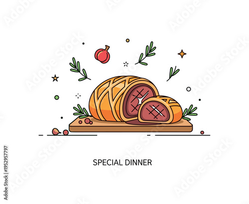 Making a classic beef Wellington for a special occasion featuring a golden puff pastry wrapped tenderloin placed on a serving board, expressing celebration and