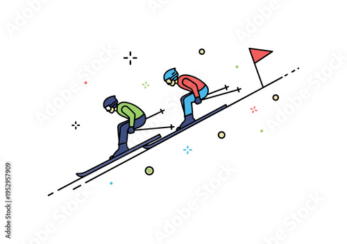 Competitive downhill race concept illustrated by two skier silhouettes racing parallel down a steep slope with a small flag marker accent. The scene conveys