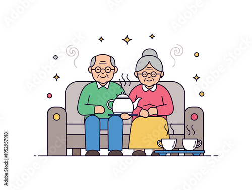 Golden years companionship during afternoon tea illustrated through an elderly man and woman sitting side by side on a cozy sofa with a teapot and two cups on