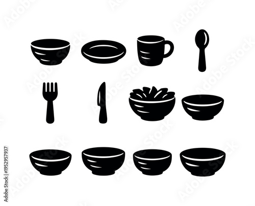 Wooden Tableware. Solid icon set of Wooden Tableware: wooden bowl, wooden plate, wooden cup, wooden spoon, wooden fork, wooden knife, salad bowl, serving bowl,