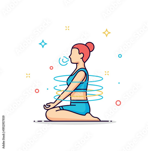 Mind body connection in Pilates depicted through a seated figure in controlled breathing posture with subtle circular lines around the torso, symbolizing