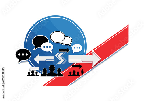 Black and white speech bubble icons overlapping above small team silhouettes, oversized cobalt blue circle framing the upper composition, bold red geometric