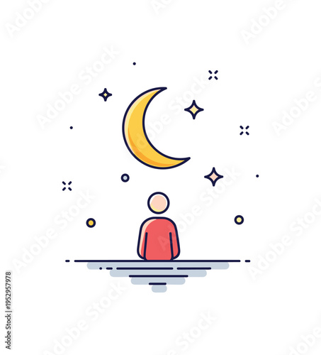 Solitude and reflection scene featuring a single figure beneath a crescent moon with subtle star accents, expressing introspection, quiet moments, and personal