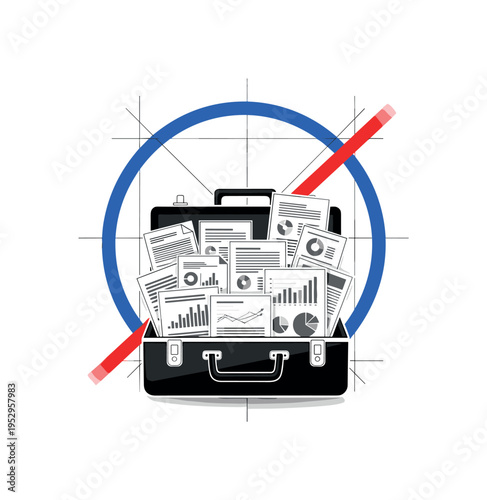 Black and white briefcase opened to reveal organized financial documents, bold blue circular frame centered behind case, red diagonal line
