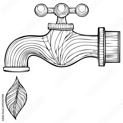 Stylized Faucet with Leaf Shape Water Drop Design in Black and White