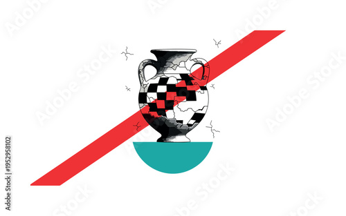 Black and white fragmented ancient-style vase combined with geometric blocks replacing missing pieces, vivid teal half circle supporting the base, bold red