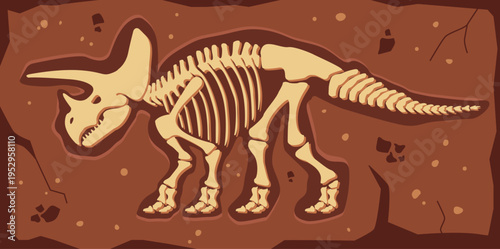 Dinosaur fossil bones skeleton bones. Prehistoric reptile skeletons lying underground. Vector stock
