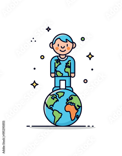 Earthling standing on a small stylized planet with simple continents symbolizing identity and belonging to the world. A gentle smile and subtle star accents