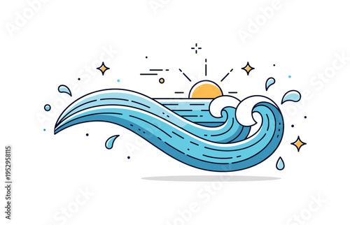 Ocean waves rolling in a smooth rhythmic curve with a rising sun on the horizon, expressing calm movement and natural energy. A compact badge style composition
