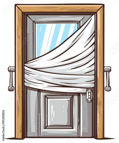 Stylized grey door with a white cloth draped over its window for privacy