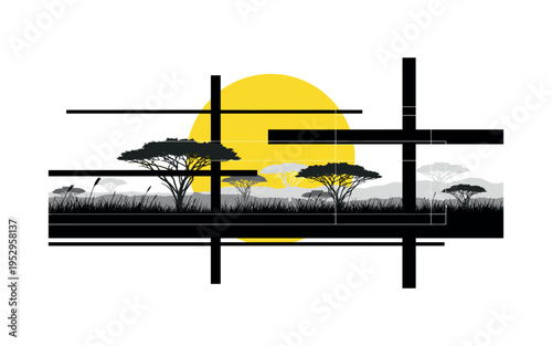 monochrome abstract savannah landscape reduced to layered grass and tree silhouettes, oversized yellow circular halo and black abstract bars framing