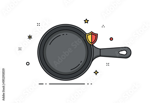 Cast iron frying pan durability concept illustrated by a sturdy pan silhouette with a tiny shield icon near the handle, symbolizing strength and long lasting