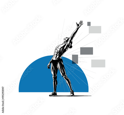 black and white athletic figure stretching upward, large blue semicircle anchoring background, thin yellow lines radiating subtly to suggest vitality, minimal