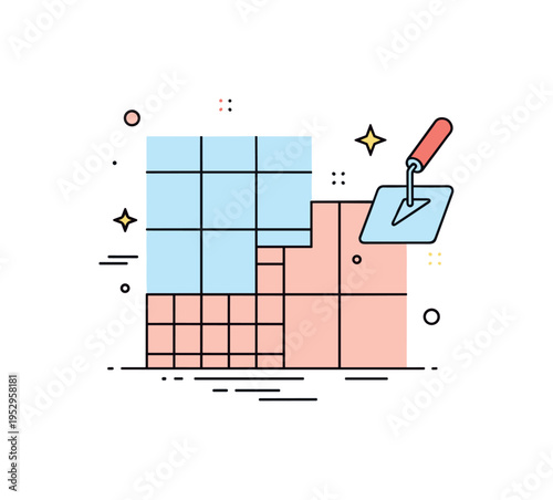 Floor renovation and tiling scene illustrated with a grid tile pattern and a small trowel icon, symbolizing craftsmanship, durability, and structural updates.