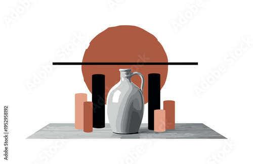 Black and white rustic ceramic jug placed on simple wooden table, large terracotta sun-like circle behind intersected by sharp black horizontal line, abstract