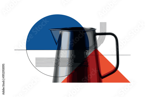 Black and white detailed close-up of pitcher spout and handle geometry, oversized deep blue semicircle framing the spout, warm red angular block intersecting