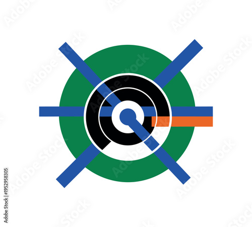 Black and white abstract plate transformed into geometric art composition, large deep green circular halo reinforcing plate shape, cobalt blue intersecting