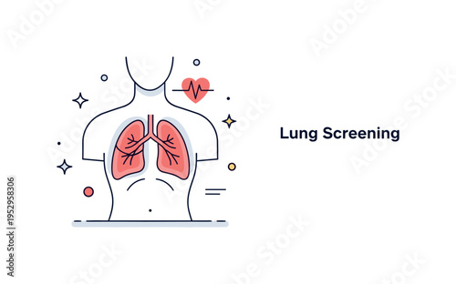 Chest x-ray respiratory health concept featuring a simplified torso silhouette with transparent lung shapes and a small heart rate line accent, representing