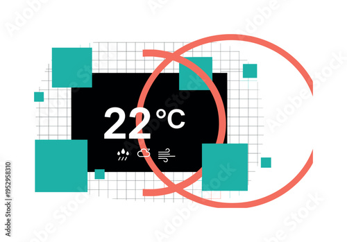 black and white weather forecast screen with temperature numbers enlarged, overlapping coral circular frame and teal abstract blocks, thin grid lines and