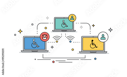 Remote assistive collaboration technology concept shown through interconnected laptops with accessibility icons and signal lines, symbolizing inclusive hybrid